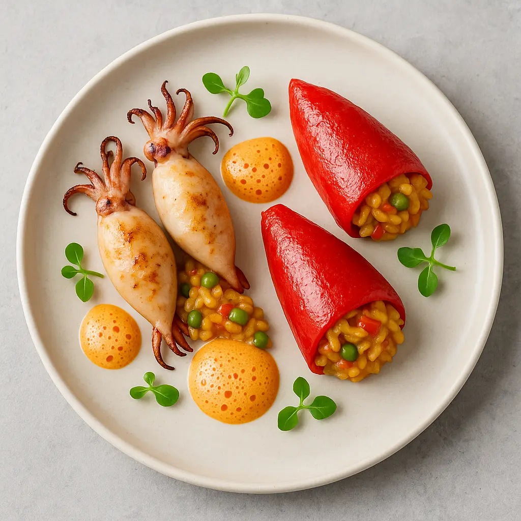 Baby Squid and Piquillo Peppers Stuffed with Paella-Style Rice