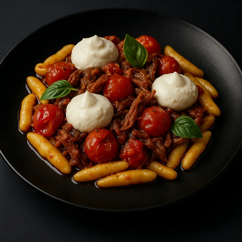Cavatelli Maison, Pérugine mijotée, Tomates Cerises & Siphon de Burrata