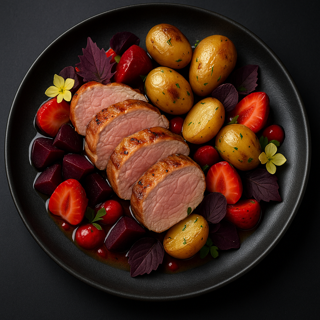Filet Mignon de Porc, Betterave, Shiso, Fraise & Pommes de Terre Grenaille