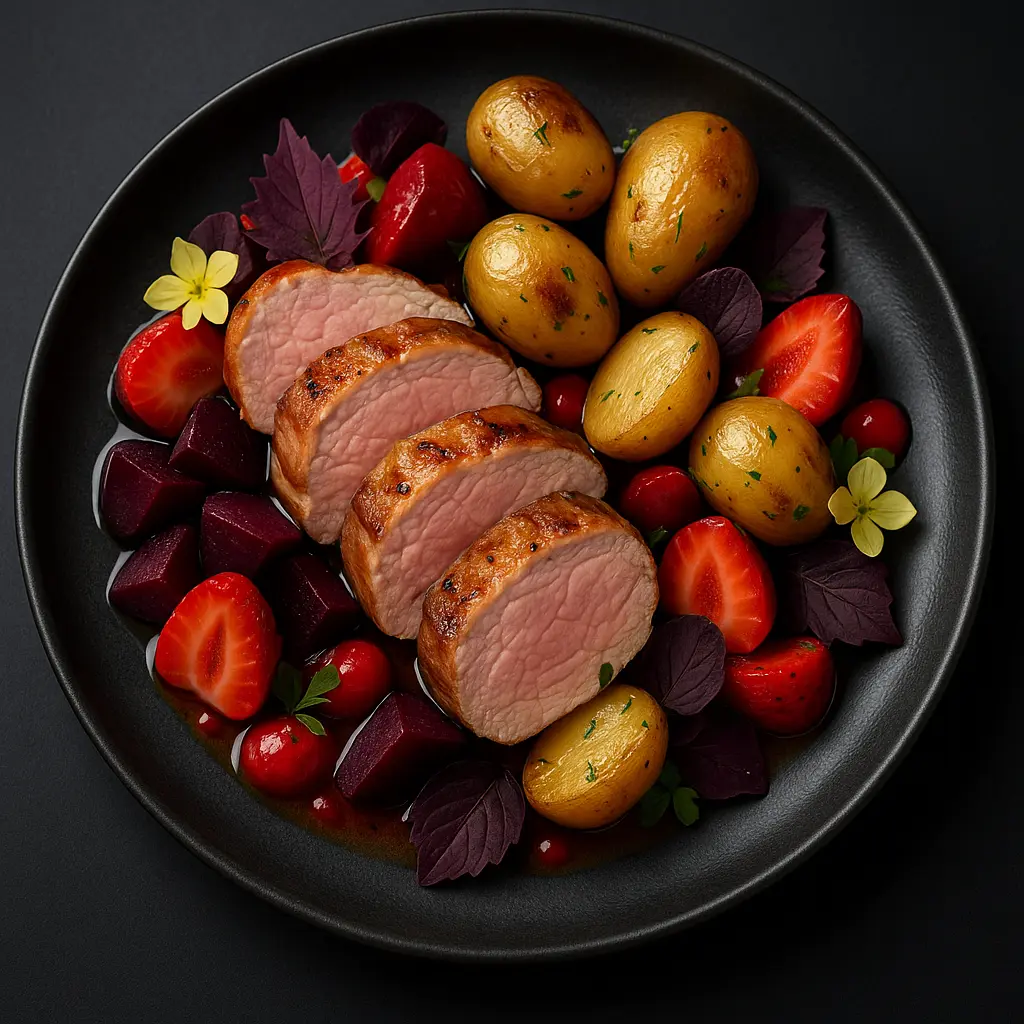 Filet Mignon de Porc, Betterave, Shiso, Fraise & Pommes de Terre Grenaille