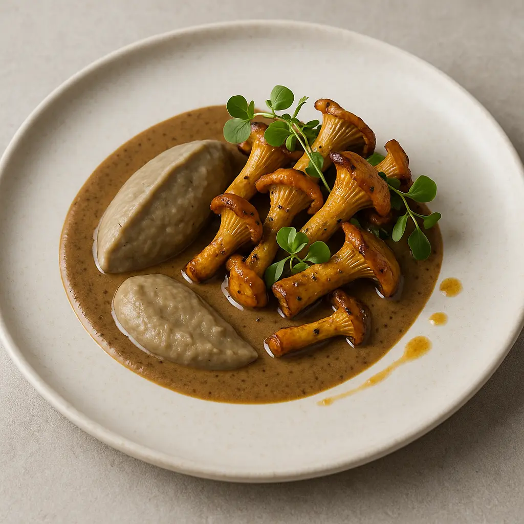 Girolle, sauce sarrasin, crème d’aubergines