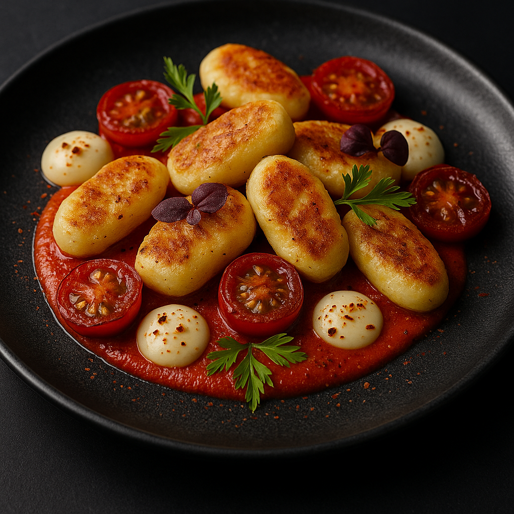 Gnocchis Ricotta, Coulis de Piquillos, Piment d’Espelette, Crème d’Ail & Tomates Cerises Rôties
