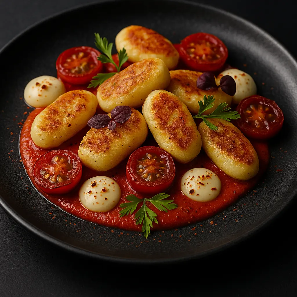 Gnocchis Ricotta, Coulis de Piquillos, Piment d’Espelette, Crème d’Ail & Tomates Cerises Rôties