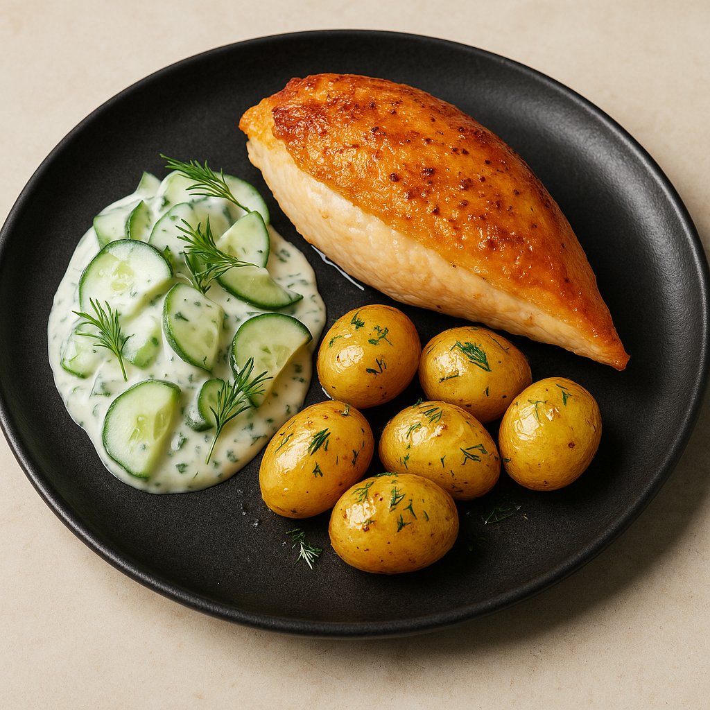 Poulet fermier, concombre façon mizeria, pommes de terre, aneth