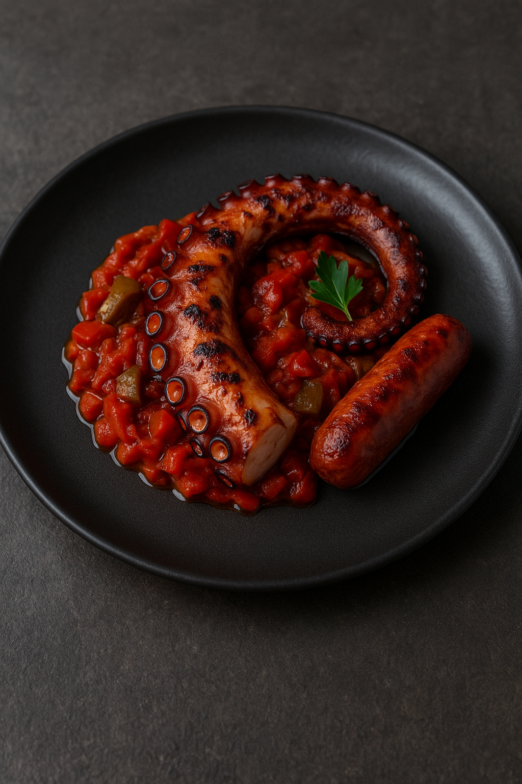 Poulpe grillé au piment fumé, piperade & txistorra