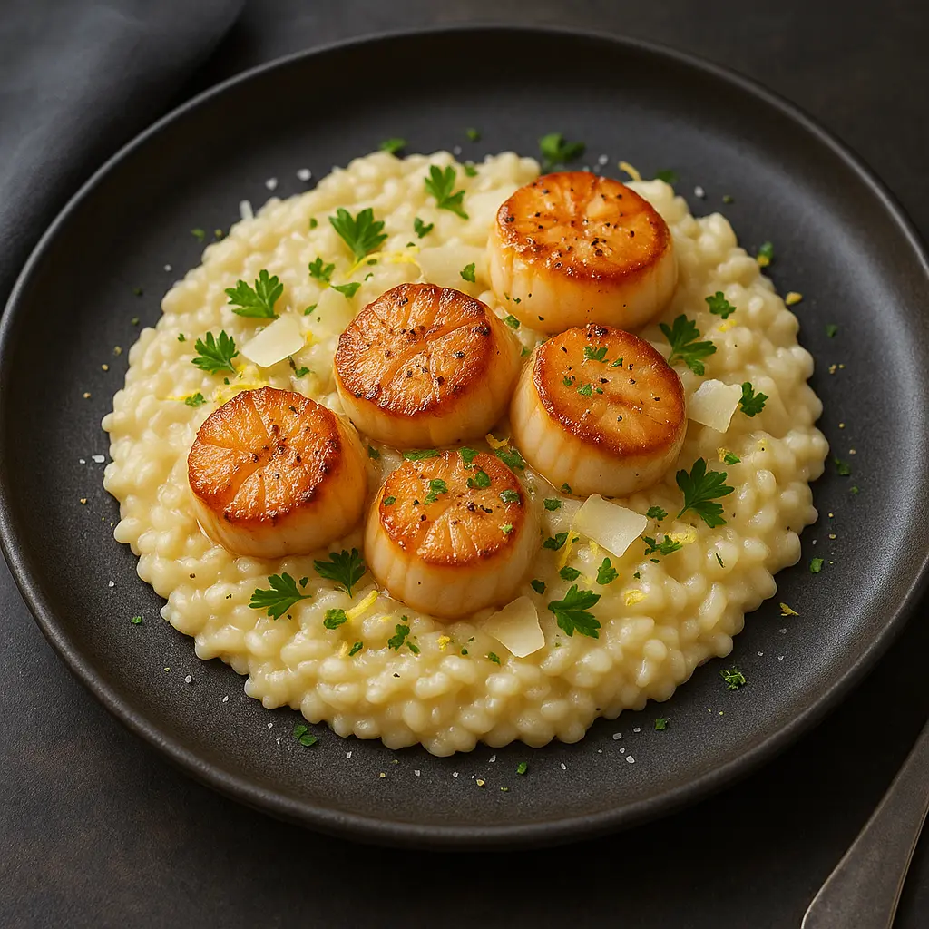 Saint-Jacques poêlées et risotto crémeux au parmesan