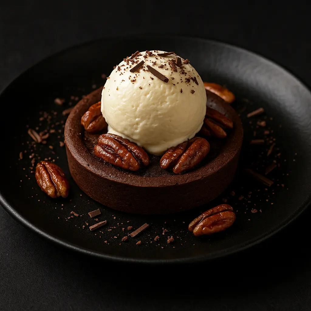 Tartelette Chocolat Minute, Noix de Pécan Caramélisées & Glace Vanille
