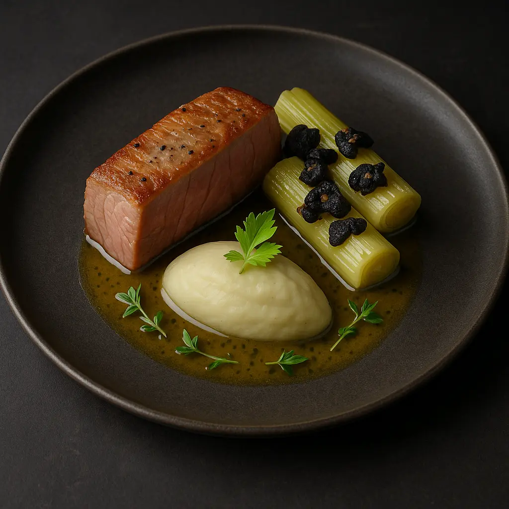 Le veau, poireaux et ail noir